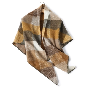 Detailed texture of brown and beige checkered cashmere-feel scarf with neat edge stitching