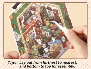 Macro detail of DIY miniature study stickers showing animals and retro furniture assembly