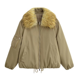 Veste Pour Femmes Avec Col En Fausse Fourrure Amovible Fermeture Éclair Ourlet À Cordon Bomber Décontracté Kaki Rembourré