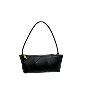 Fashionable black woven leather hobo bag with a square pattern and gold hardware