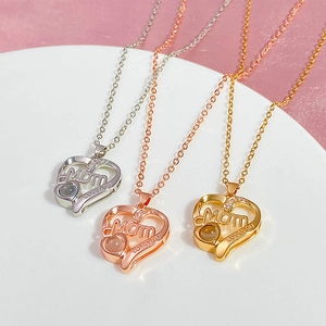 MOM heart pendant necklace with 100 languages I love you projection in gold silver rose gold