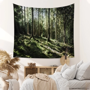 Bohemian forest tapestry wall hanging for bedroom decor featuring green trees and sunlight