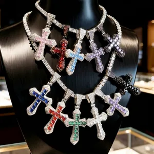 Hip Hop Cross Pendant Necklace Copper Inlaid Zircon Rhinestone Bling Jewelry Fashion Accessories For Men Women