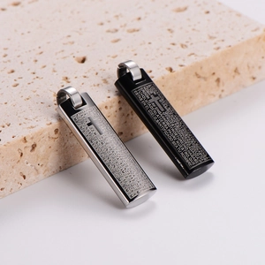 Polished stainless steel bar necklaces in silver and black with engraved cross scripture
