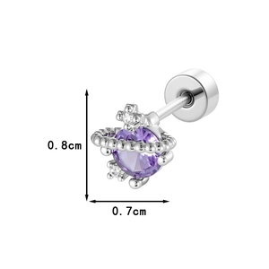 Silver planet star stud earrings with purple zircon gemstone and screw back design