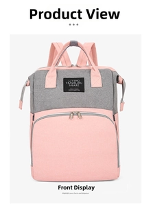 Front detail of pink and grey contrast Oxford fabric backpack with functional zipper pockets