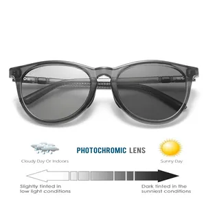 Polarized photochromic sunglasses with round dark gray frames for sports and driving