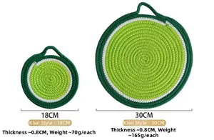 Size chart showing 18cm and 30cm kiwi pattern cotton rope woven heat resistant placemats