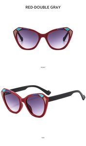 Front and side view of cat eye glasses with red geometric frames and gray gradient lenses
