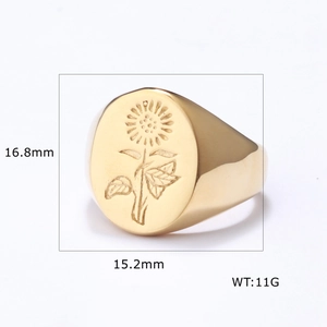 Detailed macro view showing the 16.8mm sunflower engraved golden stainless steel ring dimensions