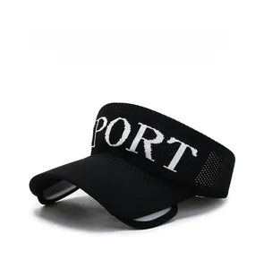 Close-up of black breathable knitted sun visor hat featuring SPORT lettering detail