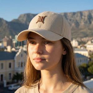 Modisches beiges Baseballcap mit AN-Stickerei, von einem Modell im Freien getragen