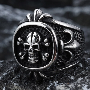 Vintage Skull Ring For Men 316L Stainless Steel Gothic Punk Fleur-De-Lis Biker Crossbones Distressed Jewelry
