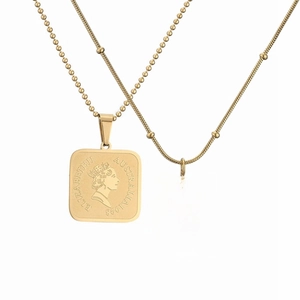 Vintage Stainless Steel Square Queen Elizabeth II Coin Pendant Necklace For Women Butterfly Mother Of Pearl Pony Forever Love Jewelry