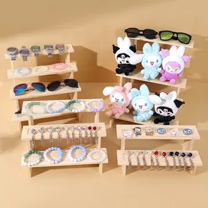 Multi-tier solid wood tiered display stand for jewelry and glasses with natural grain