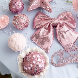 Pink Christmas tree ornament set featuring glitter balls, stars and Merry Christmas sign
