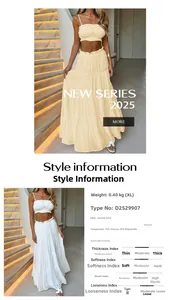 Detailed chart of 2-piece strapless top and layered skirt set with fabric specifications