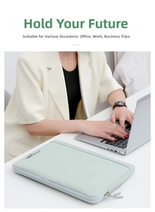 Mint green laptop sleeve on desk, showing water-repellent fabric and sleek side pocket