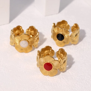 Bague Ouverte Ajustable Fleur Acier Inoxydable Plaqué Or 18K Chrysanthème Émail Bijoux Pour Femmes Style Français
