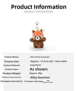 Detailed view of plush red panda keychain showing 12.5cm size and soft furry texture