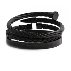Black titanium steel bracelet set featuring Roman numeral engraving and nail design