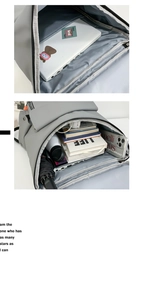 Detail of grey backpack interior showing laptop compartment and large storage capacity