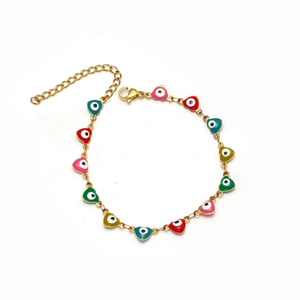 Gold stainless steel evil eye bracelet with colorful enamel heart-shaped charms