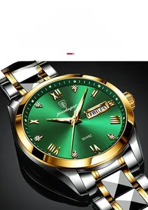 Macro shot of green sunray dial Poedagar quartz watch with day and date display