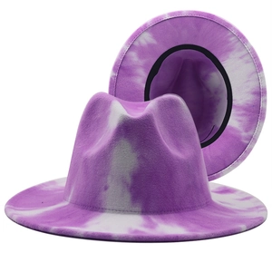 Tie-dye wool fedora hat with wide brim in purple and white ink wash style