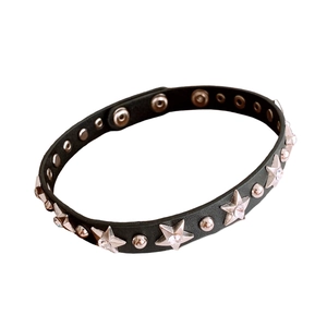 Punk black leather choker necklace with silver star studs and sparkling zircon accents