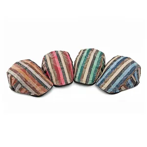 British style striped newsboy caps in four colors with paisley patterns on white background