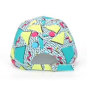 Detail view of adjustable metal buckle and Memphis style geometric print baseball cap