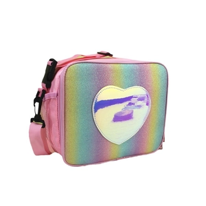 Rainbow glitter lunch bag with holographic heart and adjustable pink strap