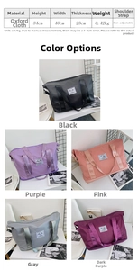Detailed size chart for large capacity oxford cloth travel bag with color options