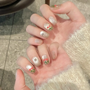 Handmade champagne gold cat eye press-on nails with tulip hand-painted floral art