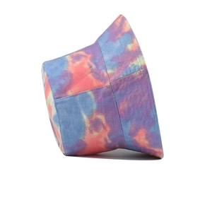 Colorful tie-dye bucket hat with blue and pink patterns on a clean white background