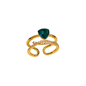 Adjustable gold plated double layer ring with green triangle gem and white zirconias