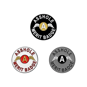Drei lustige Emaille-Anstecknadeln mit Asshole Merit Badge Motiv und Flügeln in Gold