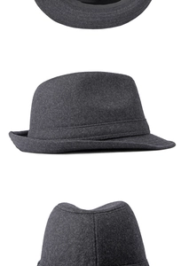 Detailed views of charcoal wool felt fedora showing crown interior and side profile texture