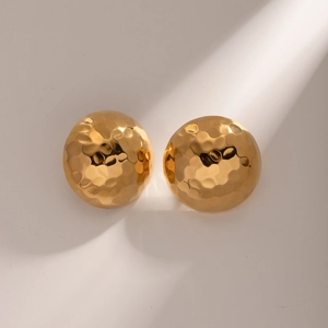 Chic golden round stud earrings with hammer texture finish for women in minimalist design