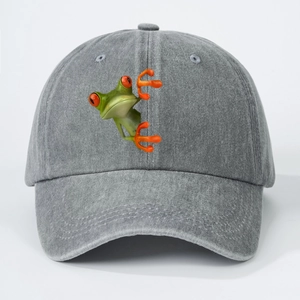 Faded grey washed denim baseball cap featuring 3D realistic tree frog print design