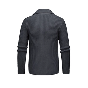 Men's dark gray knitted cardigan sweater with vertical ribbing texture in a flat back view