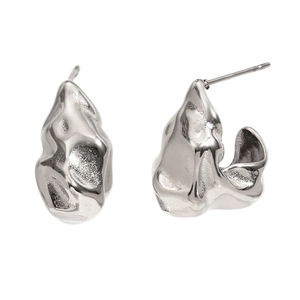 Minimalist silver irregular lava style hammered earrings in high polished stainless steel
