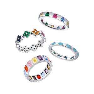 Set of S925 sterling silver rings with colorful heart and clover gemstones on white background