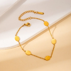 Gold stainless steel bracelet featuring five oval charms on a minimalist linked chain