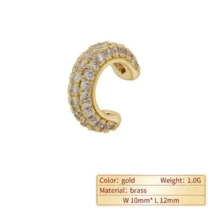 Gold-plated C-shaped brass ear cuff featuring three rows of sparkling clear zircons