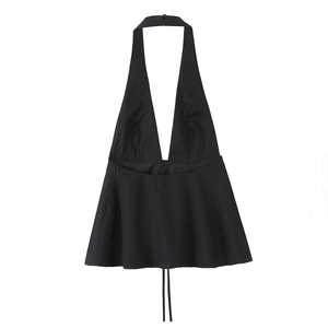 Women's black halter neck top with deep V-neck and delicate bow tie detail