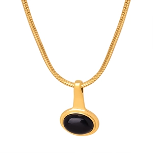 Gold snake chain necklace with oval black glass pendant in 18k gold plated stainless steel