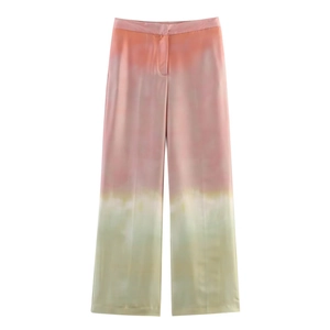 Pantalon large taille haute en satin pour femmes avec dégradé tie-dye orange et rose
