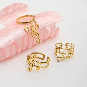 18K gold plated music note double layer hollow adjustable open ring for women